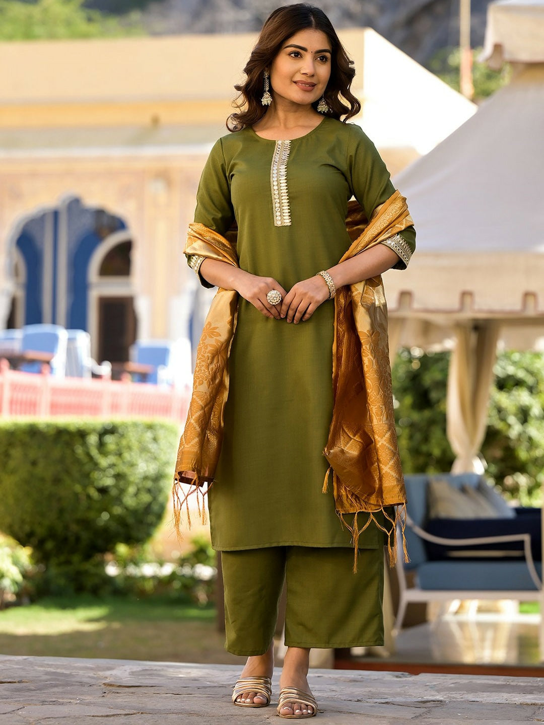 Green & Gold Toned Embellished Kurta Set for Women – Straight Kurta, Palazzos & Dupatta | Indiaista