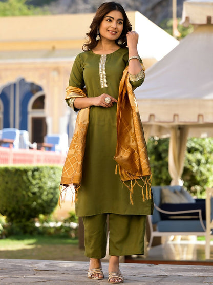 Green & Gold Toned Embellished Kurta Set for Women – Straight Kurta, Palazzos & Dupatta | Indiaista