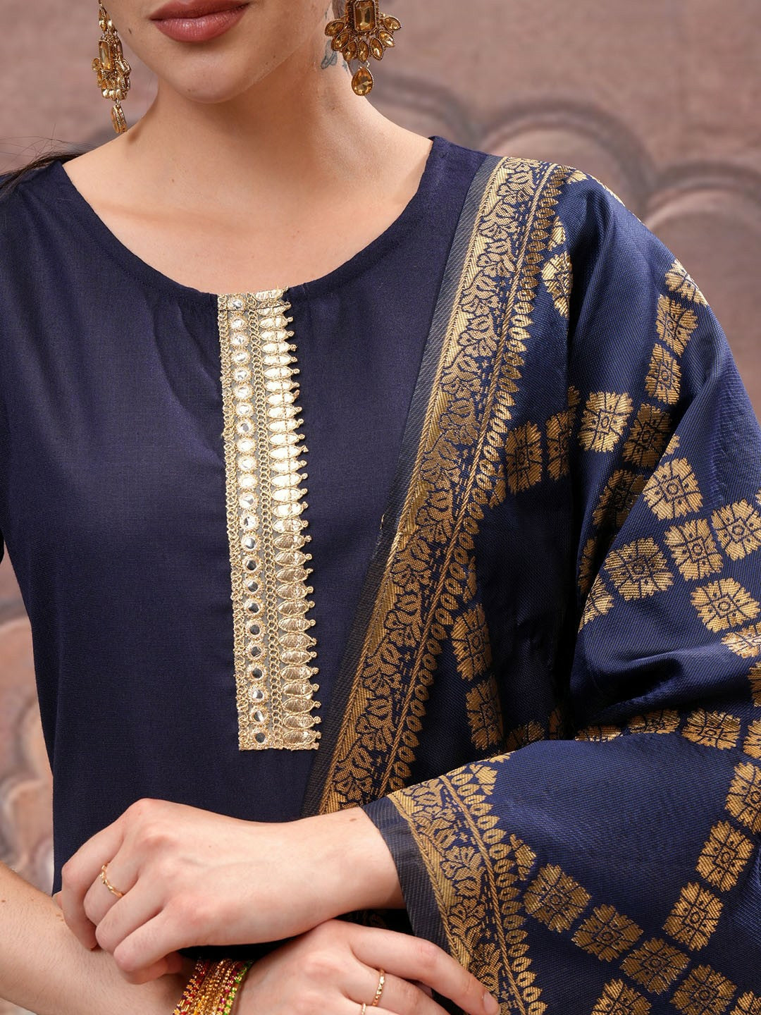 Navy Blue Mirror Work Zari Kurta Set for Women – Straight Kurta with Palazzo & Dupatta | Indiaista