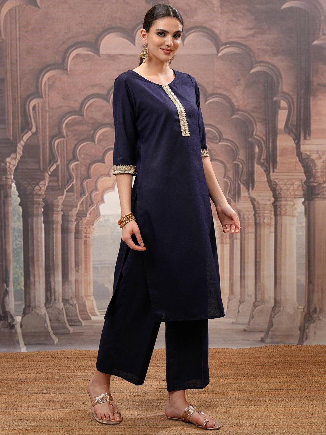 Navy Blue Mirror Work Zari Kurta Set for Women – Straight Kurta with Palazzo & Dupatta | Indiaista