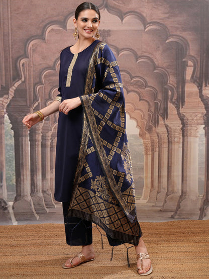 Navy Blue Mirror Work Zari Kurta Set for Women – Straight Kurta with Palazzo & Dupatta | Indiaista