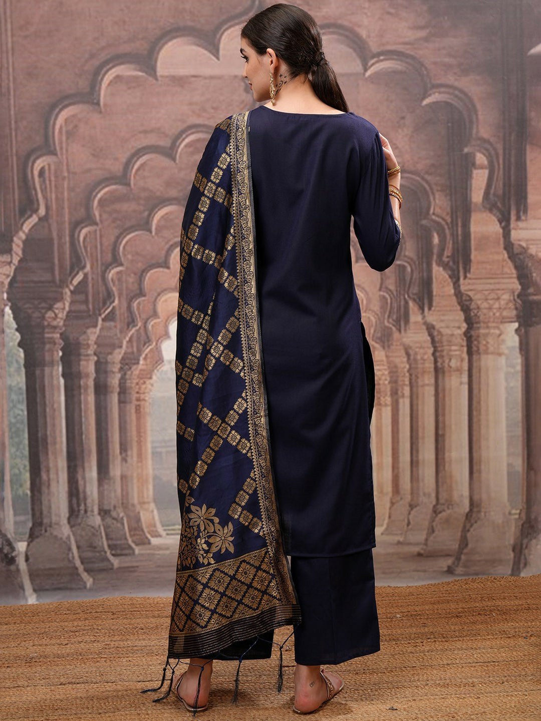 Navy Blue Mirror Work Zari Kurta Set for Women – Straight Kurta with Palazzo & Dupatta | Indiaista