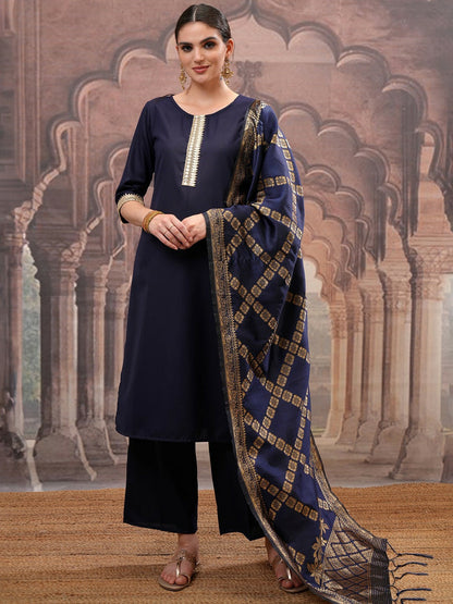 Navy Blue Mirror Work Zari Kurta Set for Women – Straight Kurta with Palazzo & Dupatta | Indiaista