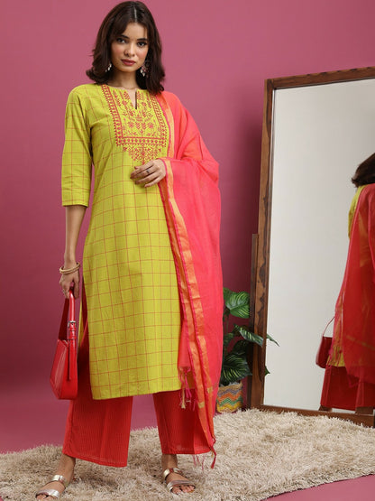 Lime Green Checked Cotton Kurta Set for Women – Thread Work Kurta with Palazzos & Dupatta | Indiaista