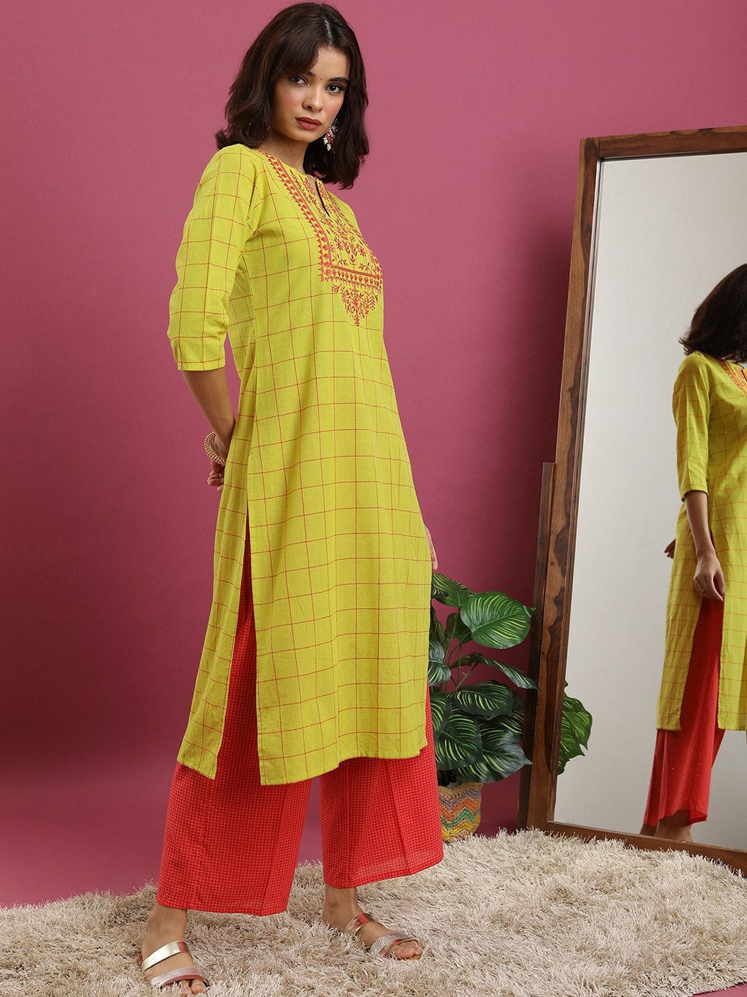 Lime Green Checked Cotton Kurta Set for Women – Thread Work Kurta with Palazzos & Dupatta | Indiaista