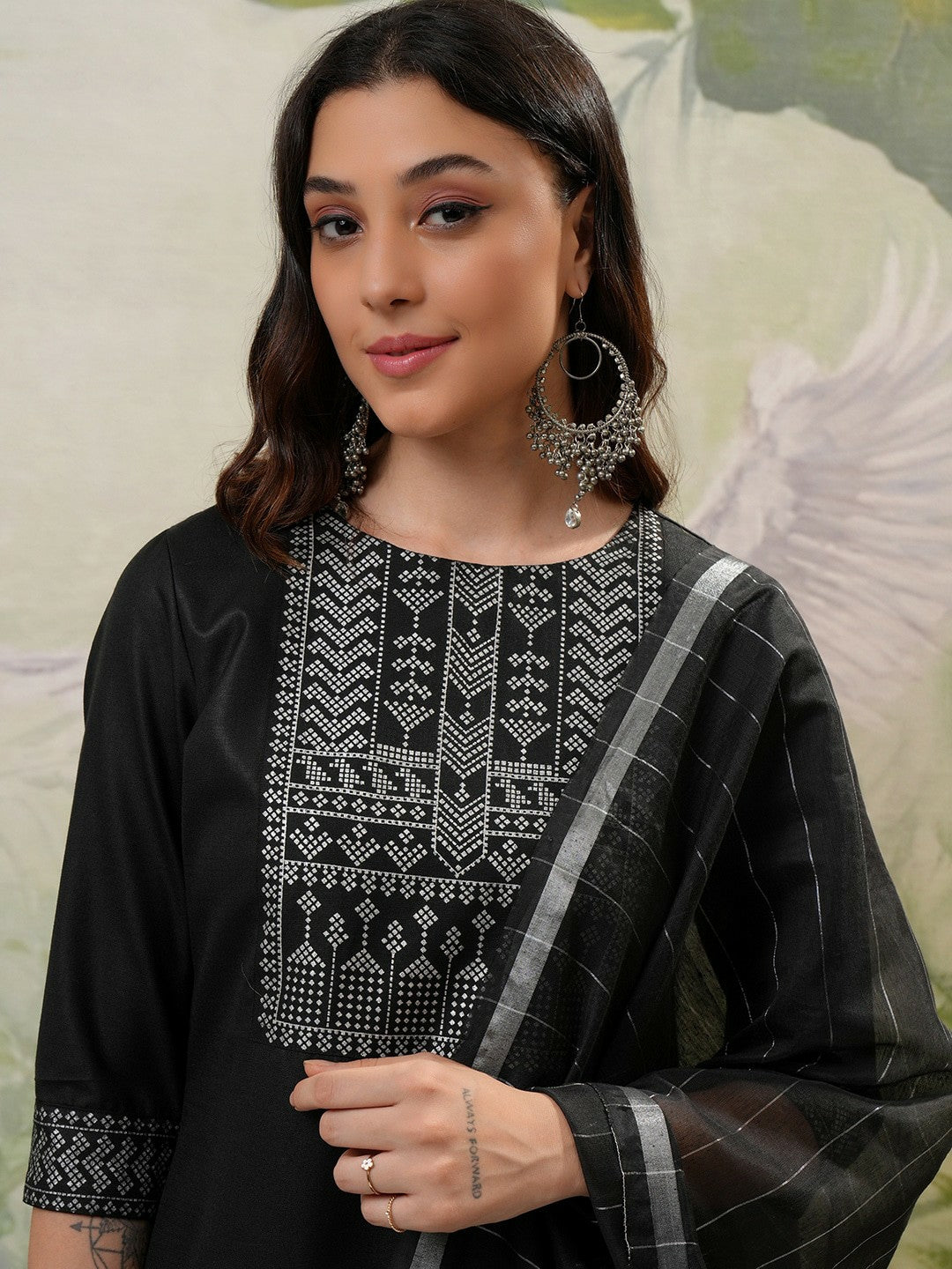 Black Printed Kurta Set for Women – Straight Kurta with Trouser & Dupatta | Indiaista