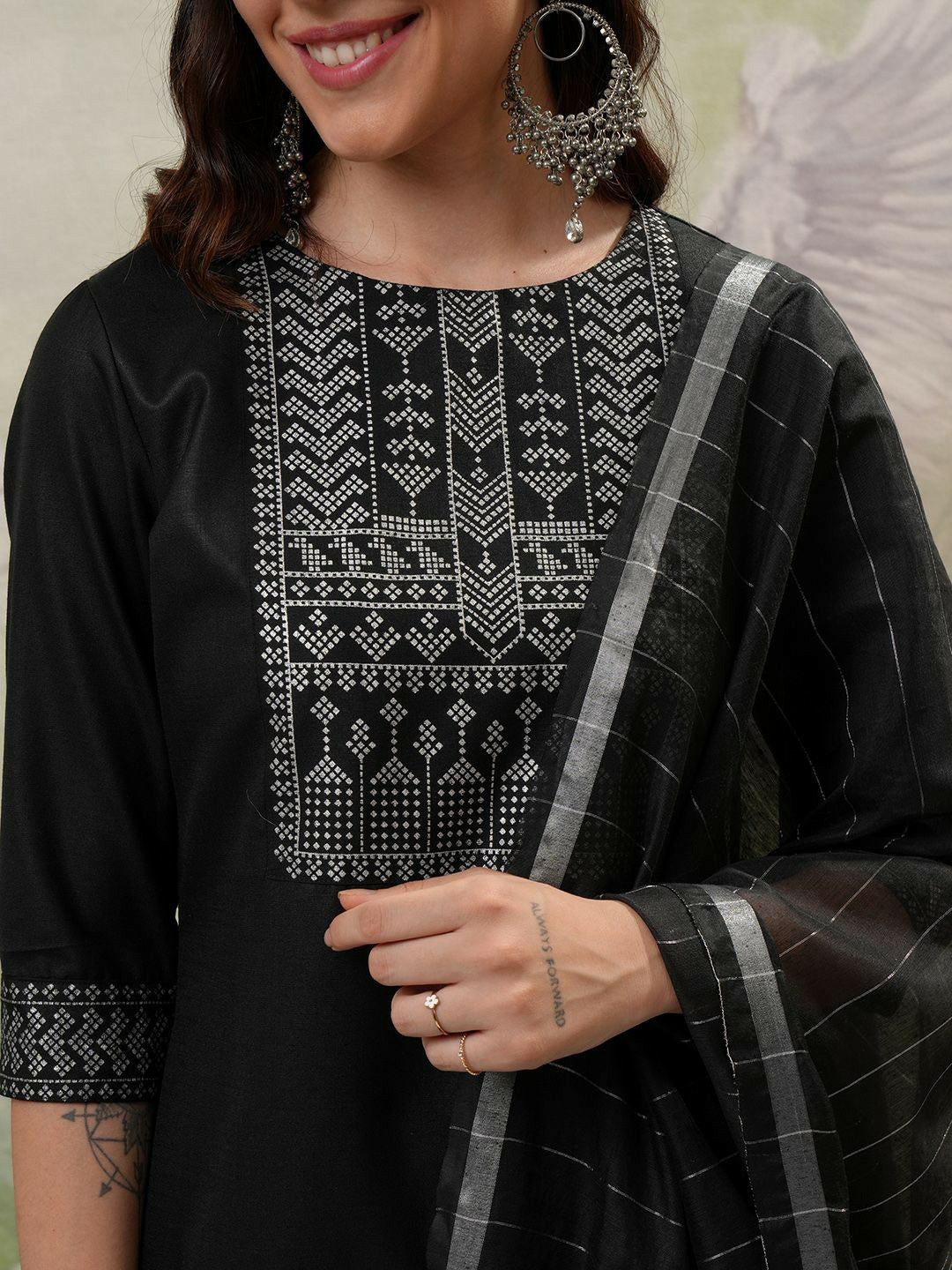 Black Printed Kurta Set for Women – Straight Kurta with Trouser & Dupatta | Indiaista