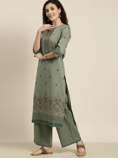 Women’s Green Ethnic Motifs Printed Cotton Kurta Set with Palazzos – A-Line, Calf Length | Indiaista