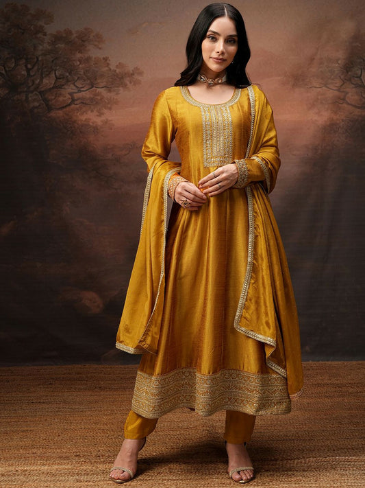 Mustard Yellow Floral Embroidered Kurta Set for Women – A-Line Kurta with Trousers & Dupatta | Indiaista