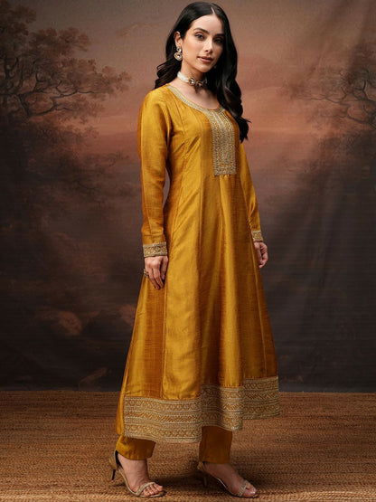 Mustard Yellow Floral Embroidered Kurta Set for Women – A-Line Kurta with Trousers & Dupatta | Indiaista