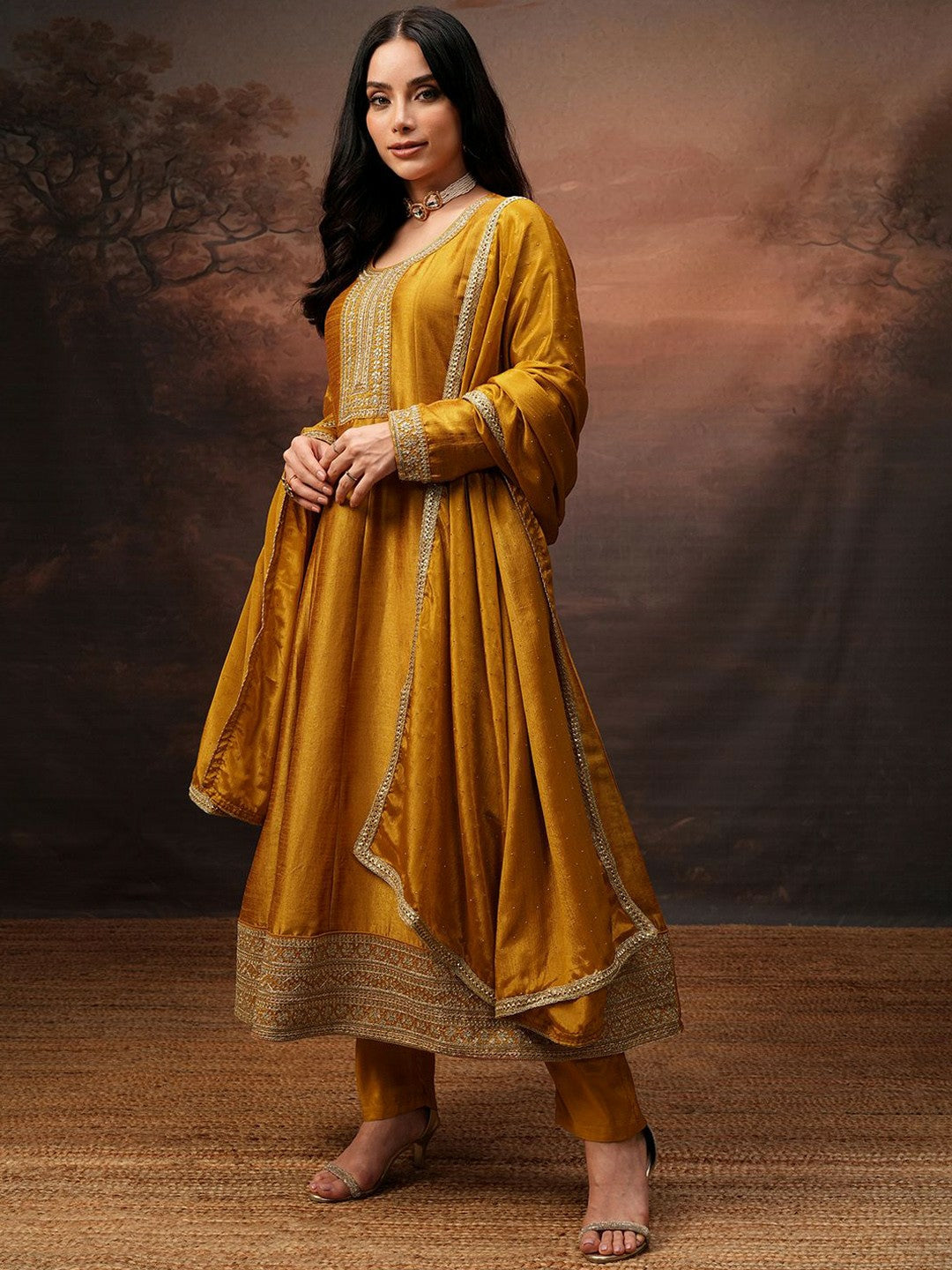 Mustard Yellow Floral Embroidered Kurta Set for Women – A-Line Kurta with Trousers & Dupatta | Indiaista