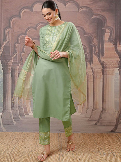 Green Ethnic Motifs Kurta Set for Women – Straight Kurta with Printed Trousers & Dupatta | Indiaista