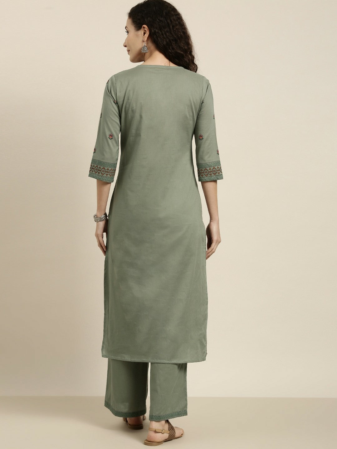 Women’s Green Ethnic Motifs Printed Cotton Kurta Set with Palazzos – A-Line, Calf Length | Indiaista