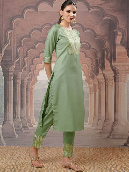 Green Ethnic Motifs Kurta Set for Women – Straight Kurta with Printed Trousers & Dupatta | Indiaista