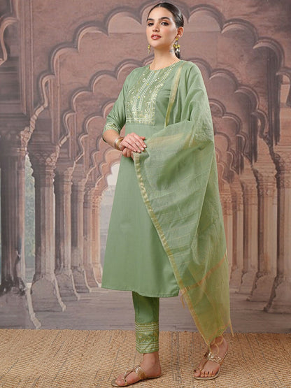 Green Ethnic Motifs Kurta Set for Women – Straight Kurta with Printed Trousers & Dupatta | Indiaista