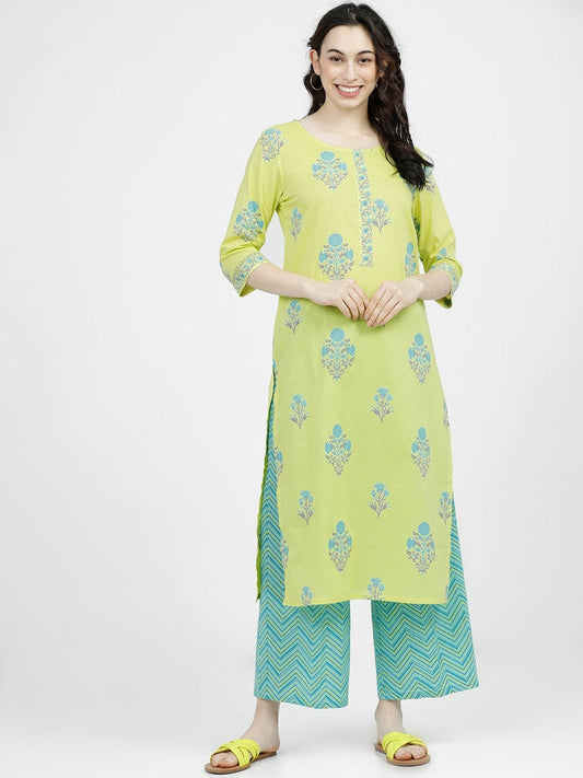 Women’s Lime Green Ethnic Motif Printed Cotton Kurta Set with Palazzos – Comfortable & Stylish | Indiaista