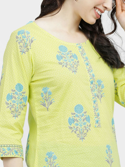 Women’s Lime Green Ethnic Motif Printed Cotton Kurta Set with Palazzos – Comfortable & Stylish | Indiaista