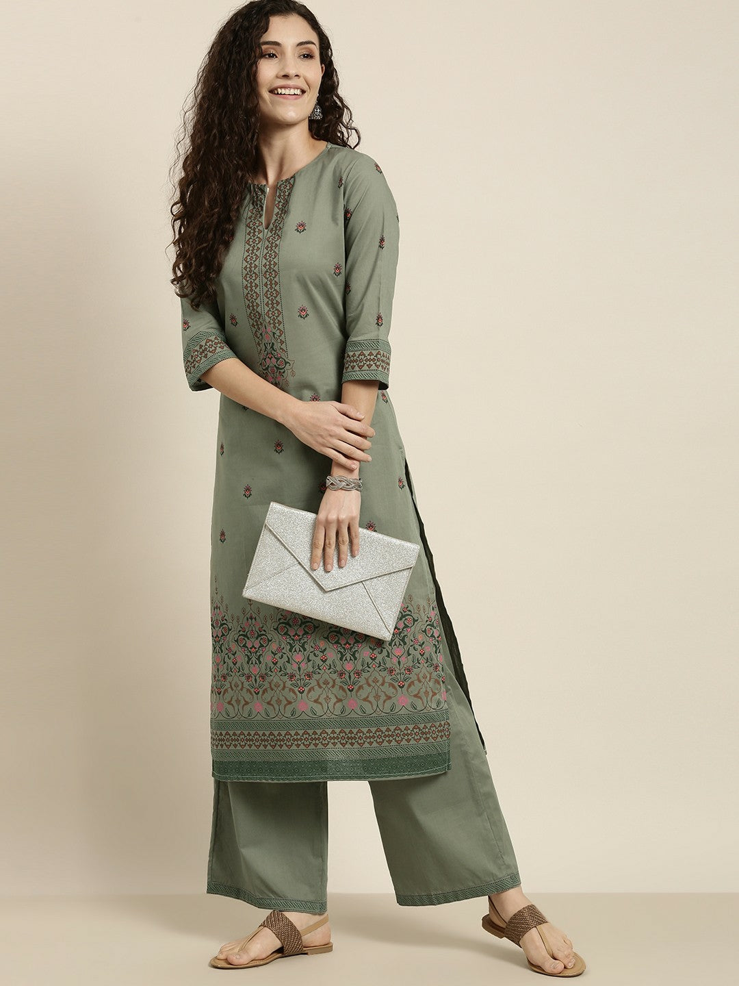 Women’s Green Ethnic Motifs Printed Cotton Kurta Set with Palazzos – A-Line, Calf Length | Indiaista