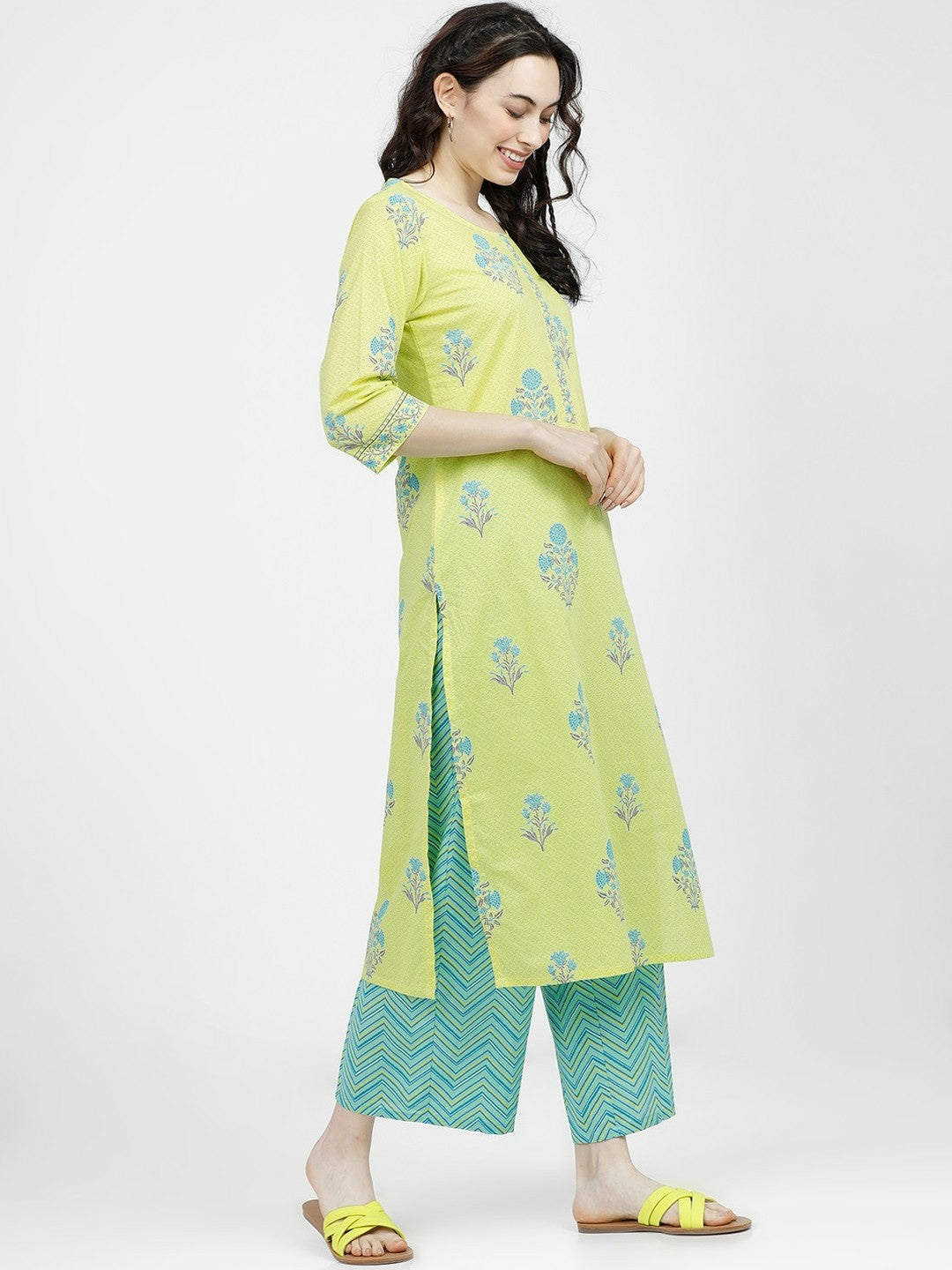 Women’s Lime Green Ethnic Motif Printed Cotton Kurta Set with Palazzos – Comfortable & Stylish | Indiaista