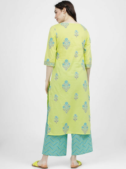 Women’s Lime Green Ethnic Motif Printed Cotton Kurta Set with Palazzos – Comfortable & Stylish | Indiaista