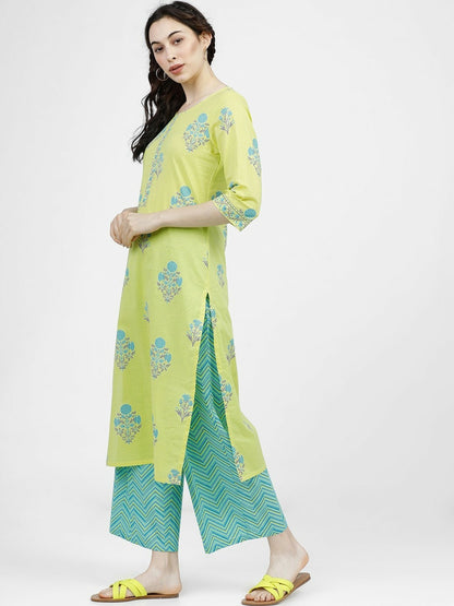 Women’s Lime Green Ethnic Motif Printed Cotton Kurta Set with Palazzos – Comfortable & Stylish | Indiaista