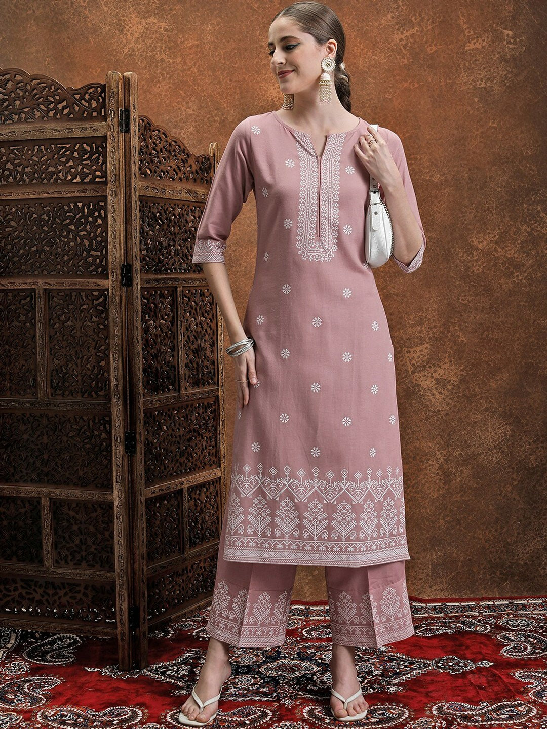 Women’s Ethnic Kurta Set – White Ethnic Motifs & Rose Printed Kurta with Palazzo | Indiaista