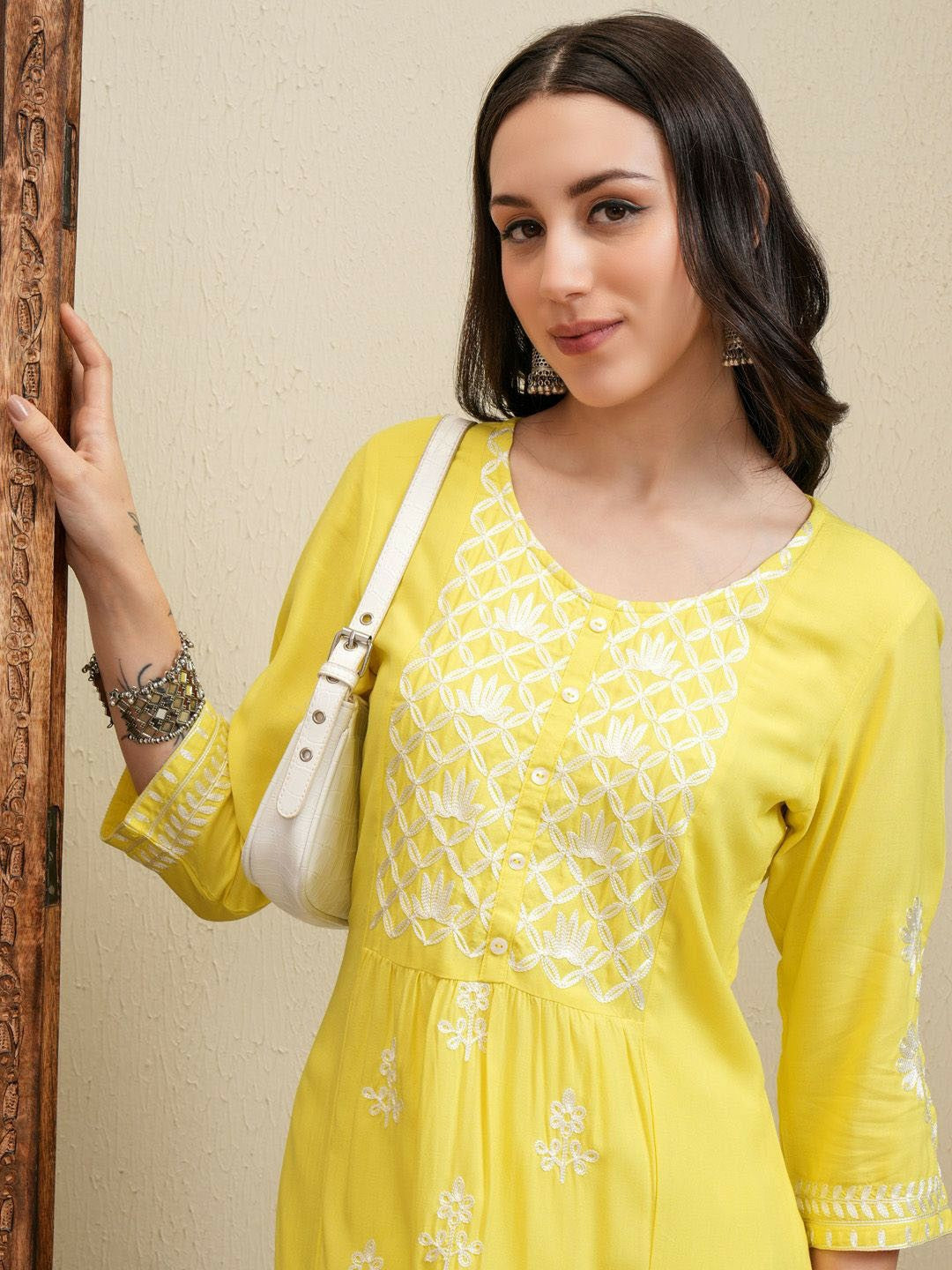 Yellow Floral Embroidered Kurta Set for Women – Thread Work Straight Kurta with Palazzos | Indiaista