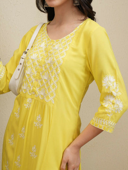 Yellow Floral Embroidered Kurta Set for Women – Thread Work Straight Kurta with Palazzos | Indiaista