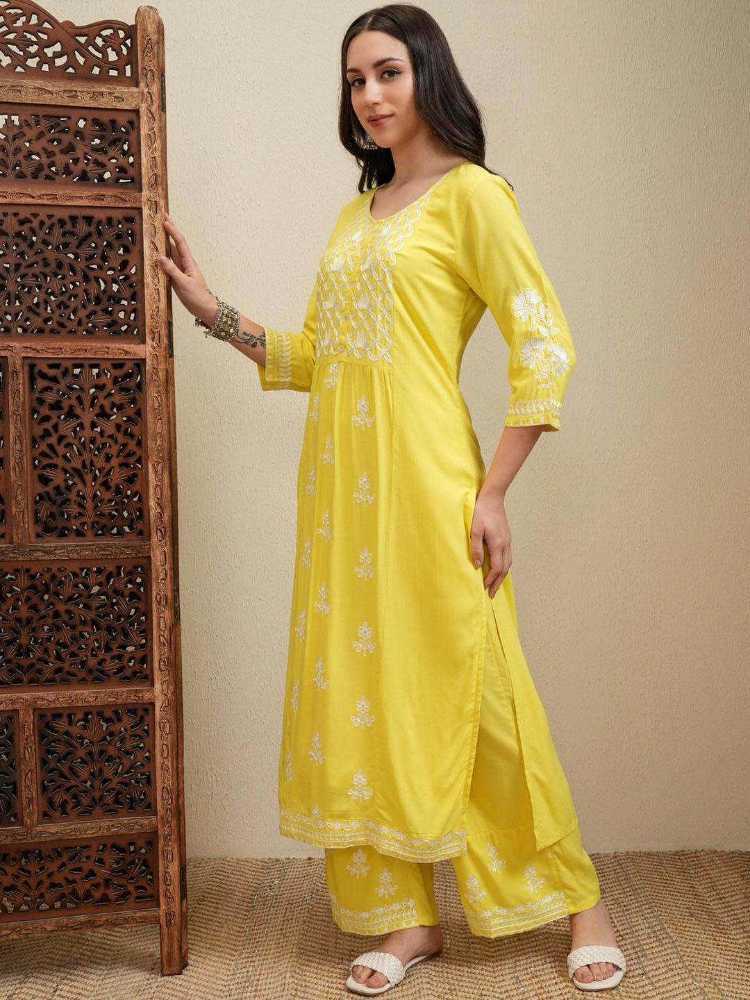 Yellow Floral Embroidered Kurta Set for Women – Thread Work Straight Kurta with Palazzos | Indiaista