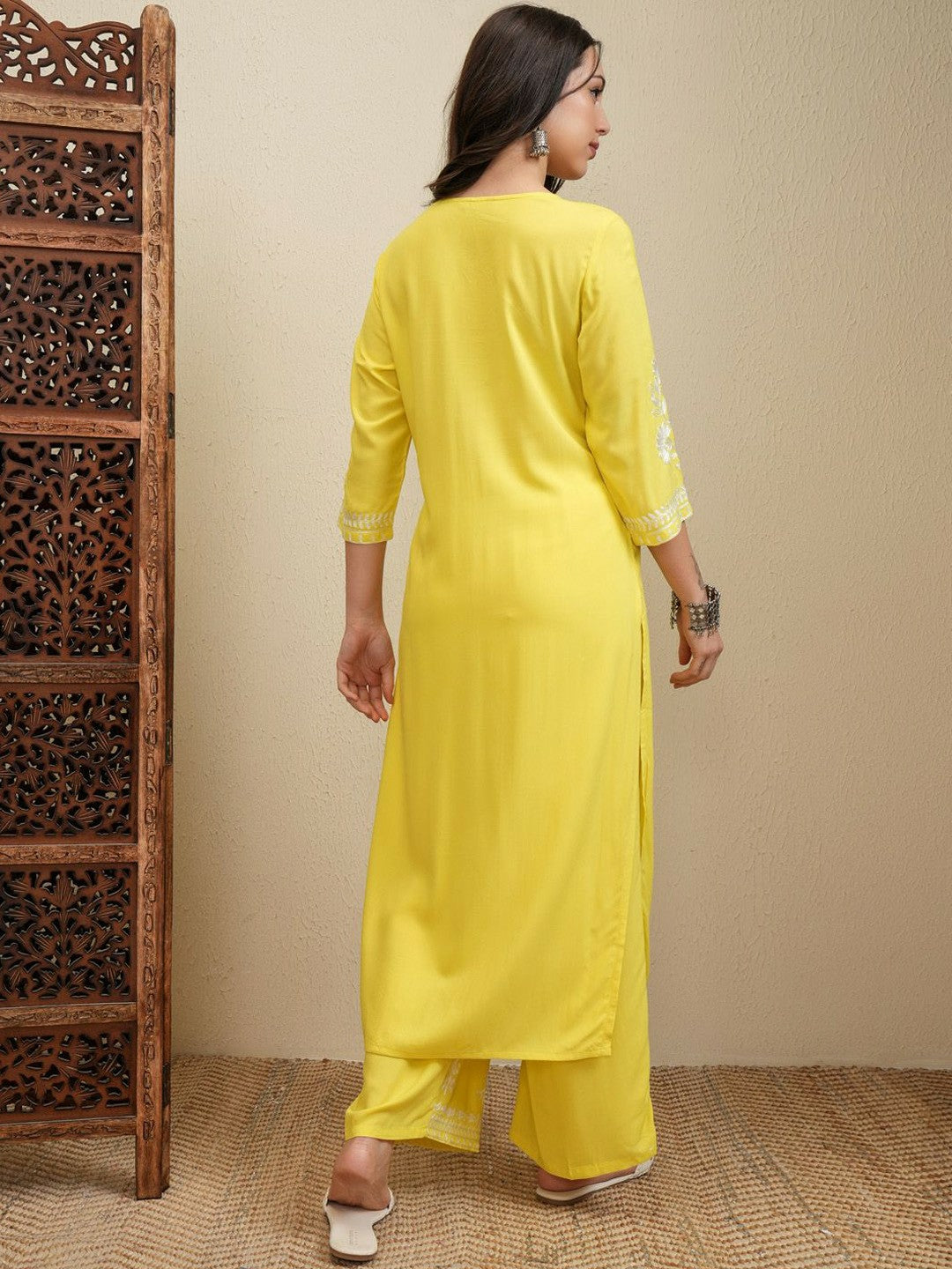 Yellow Floral Embroidered Kurta Set for Women – Thread Work Straight Kurta with Palazzos | Indiaista