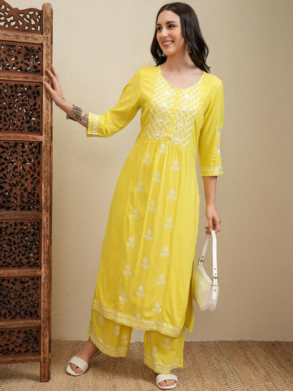 Yellow Floral Embroidered Kurta Set for Women – Thread Work Straight Kurta with Palazzos | Indiaista