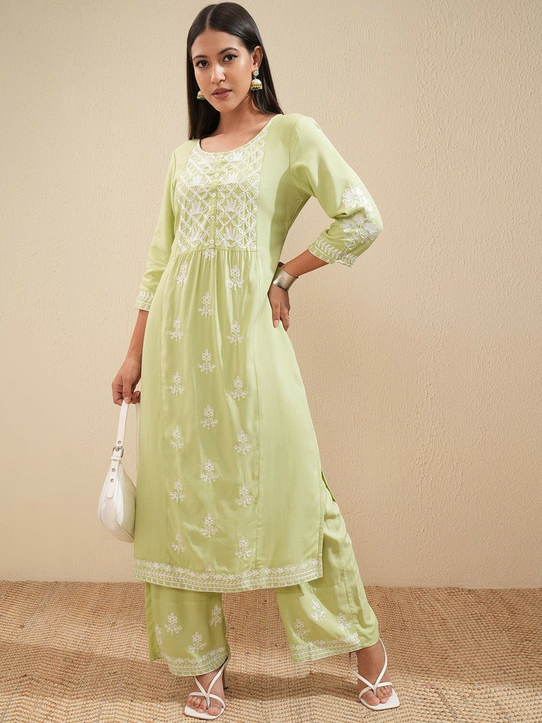 Green & White Floral Embroidered Kurta Set for Women – A-Line Kurta with Palazzo Pants | Indiaista