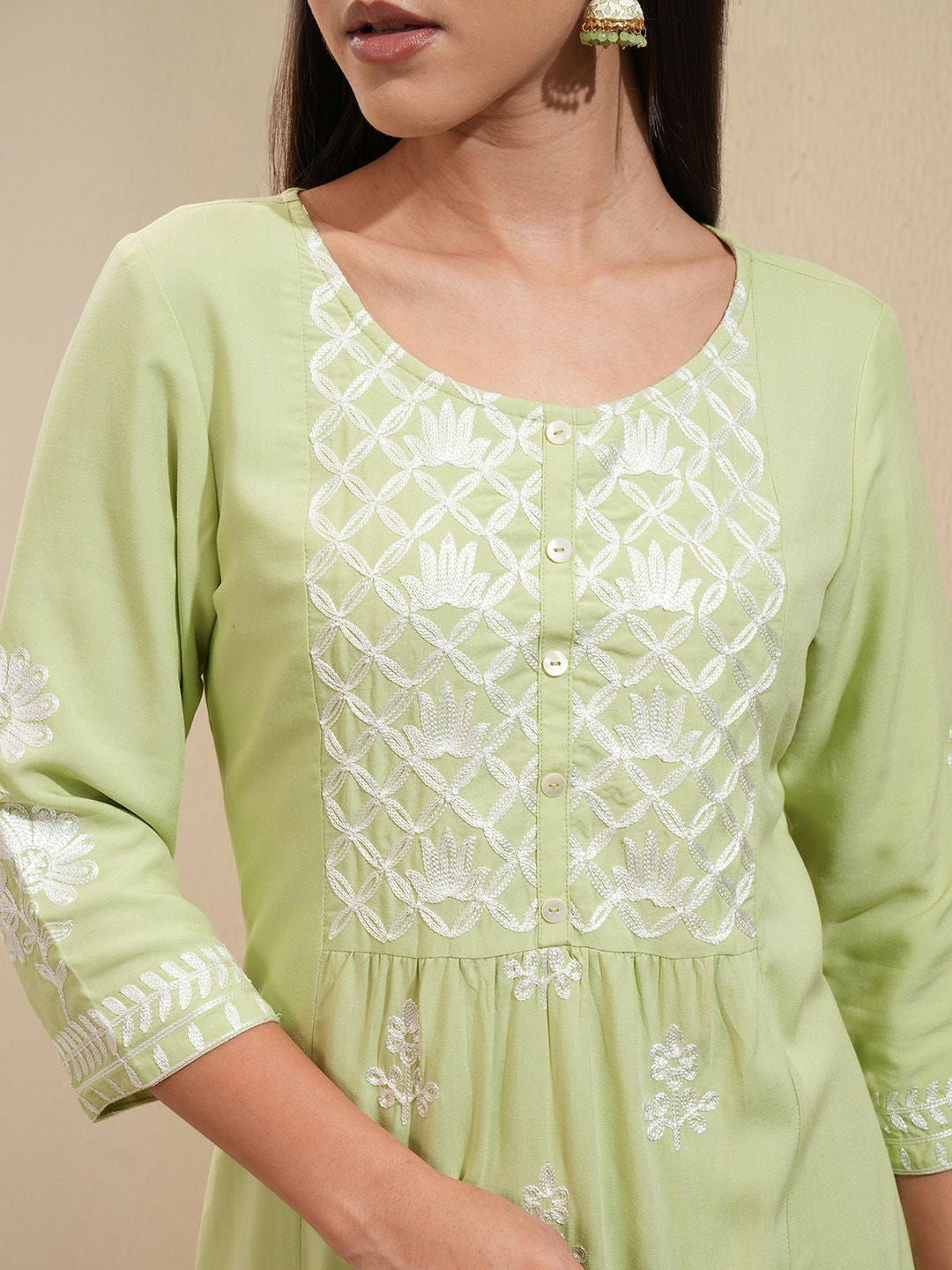 Green & White Floral Embroidered Kurta Set for Women – A-Line Kurta with Palazzo Pants | Indiaista