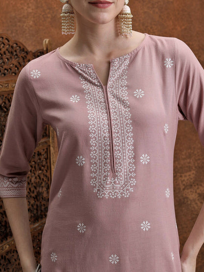 Women’s Ethnic Kurta Set – White Ethnic Motifs & Rose Printed Kurta with Palazzo | Indiaista