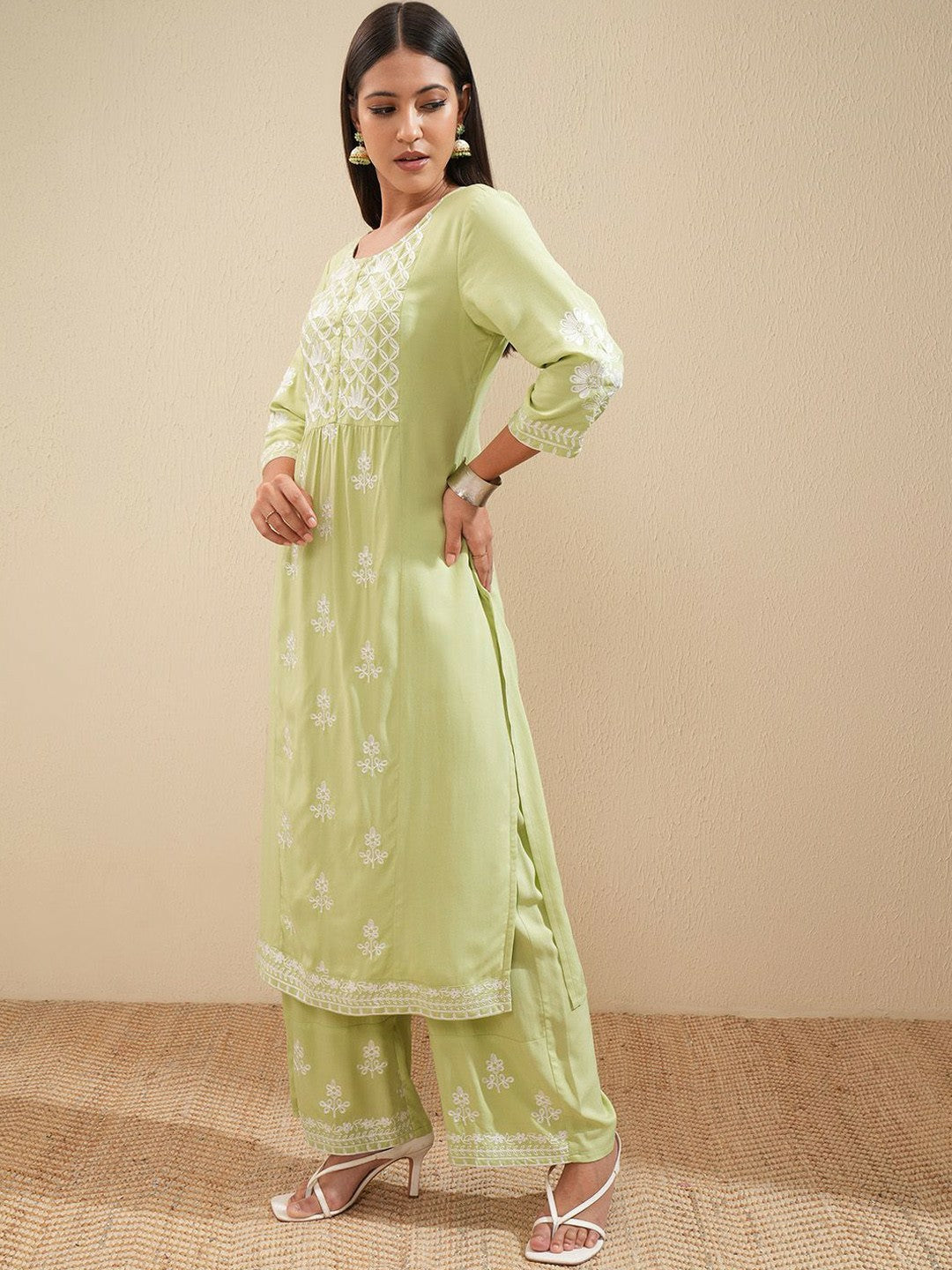 Green & White Floral Embroidered Kurta Set for Women – A-Line Kurta with Palazzo Pants | Indiaista