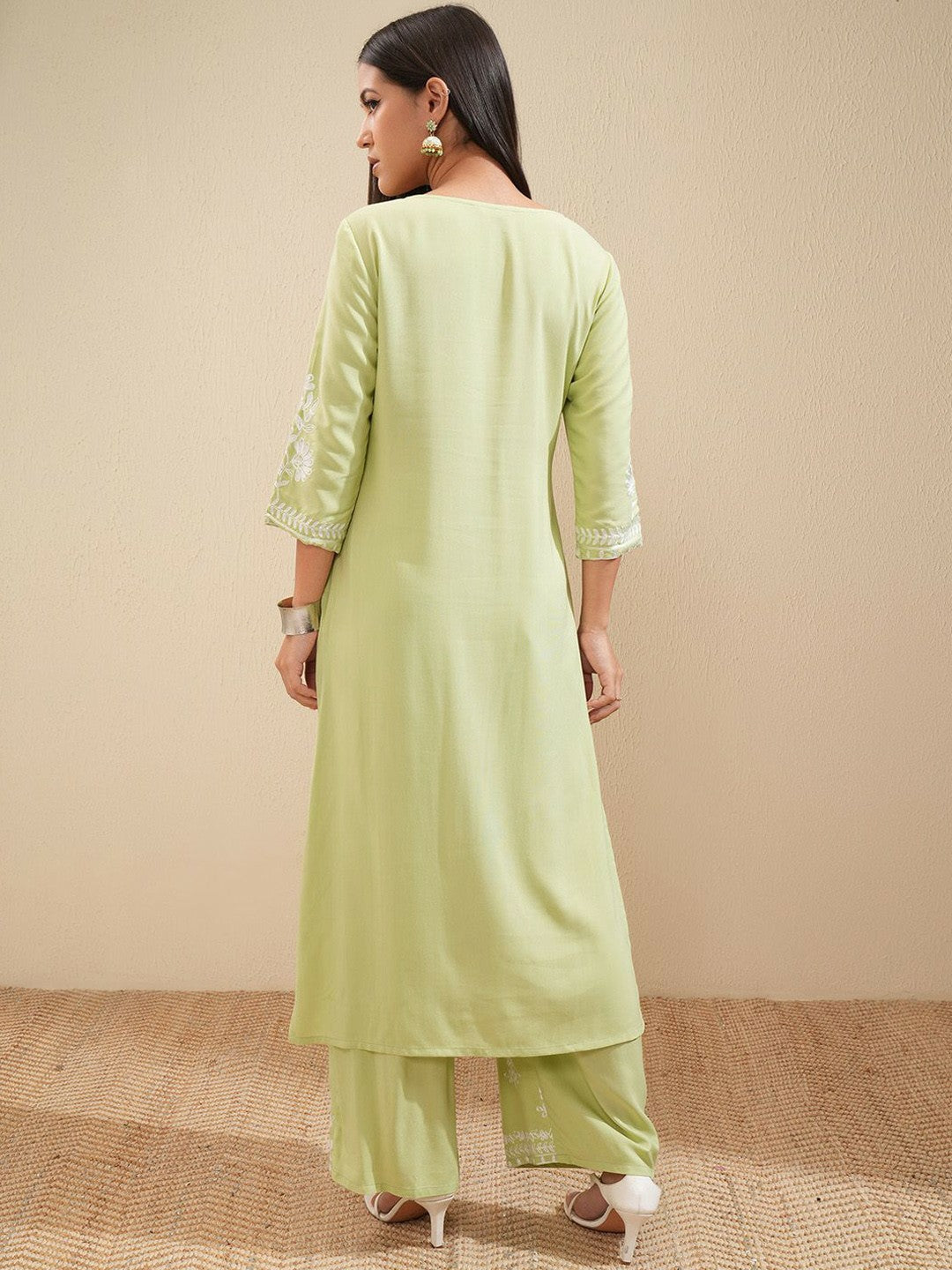 Green & White Floral Embroidered Kurta Set for Women – A-Line Kurta with Palazzo Pants | Indiaista