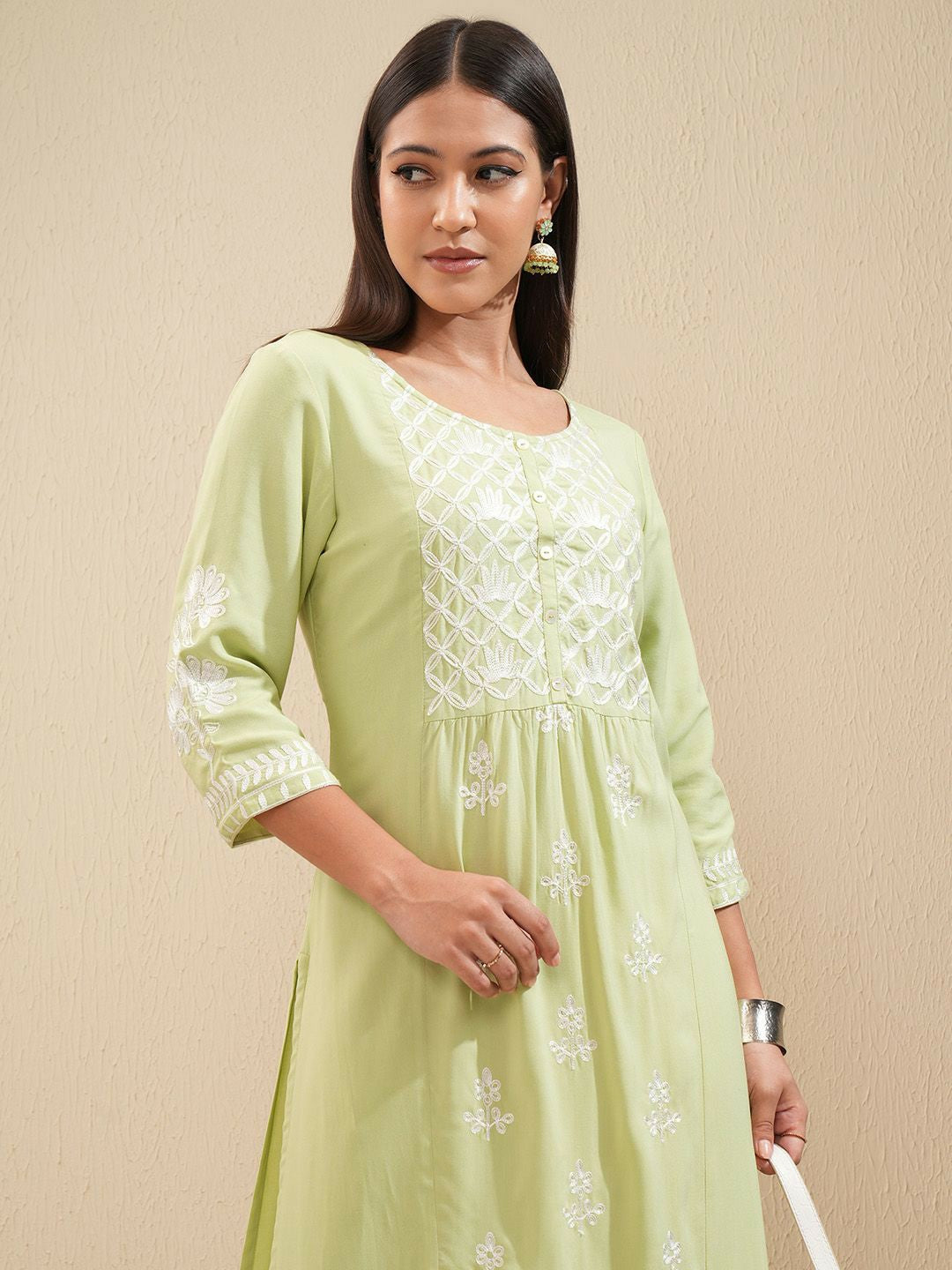 Green & White Floral Embroidered Kurta Set for Women – A-Line Kurta with Palazzo Pants | Indiaista