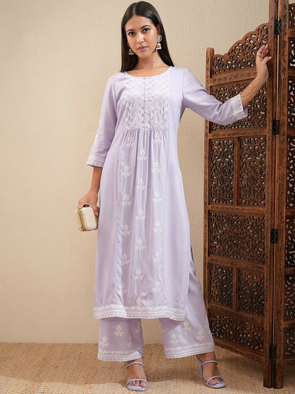 Lavender Floral Embroidered Kurta Set for Women – A-Line Kurta with Palazzos | Indiaista