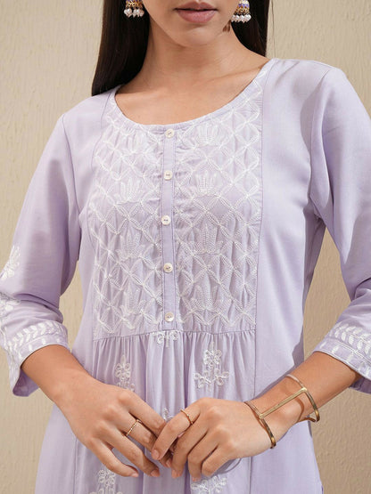 Lavender Floral Embroidered Kurta Set for Women – A-Line Kurta with Palazzos | Indiaista