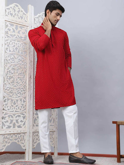 Buy Men’s Maroon Floral Embroidered Kurta Set with Pyjamas | Pure Cotton & Sequinned Detail