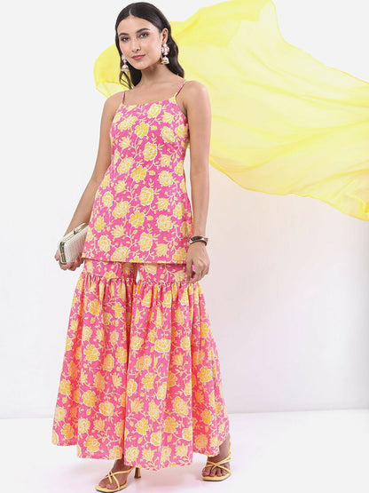 Pink & Yellow Floral Printed Kurti with Sharara & Dupatta Set | Indiaista