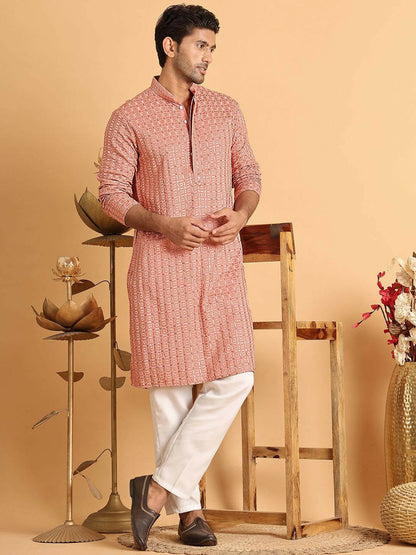 Buy Men’s Embroidered Chikankari Kurta Set – Peach Kurta with Pyjamas | Indiaista