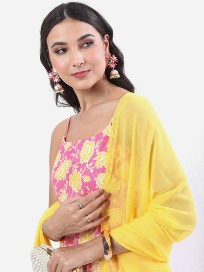 Pink & Yellow Floral Printed Kurti with Sharara & Dupatta Set | Indiaista