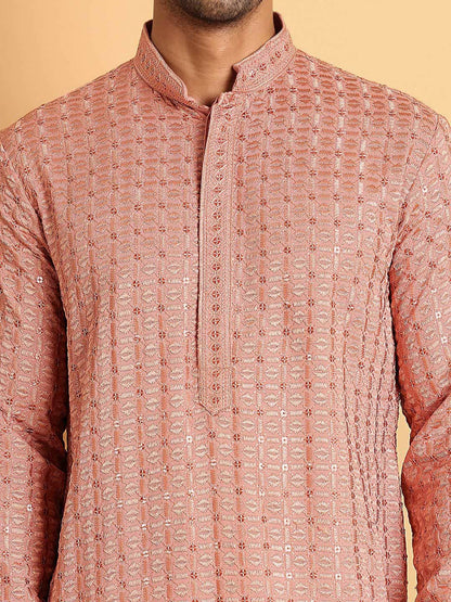 Buy Men’s Embroidered Chikankari Kurta Set – Peach Kurta with Pyjamas | Indiaista