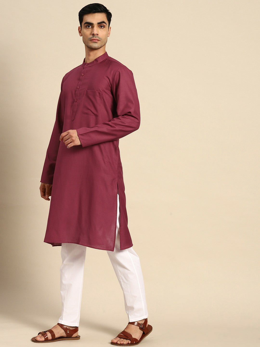 Buy Men’s Pure Cotton Maroon & White Kurta Set with Pyjamas - Stylish & Comfortable