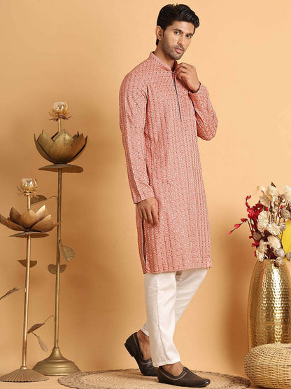 Buy Men’s Embroidered Chikankari Kurta Set – Peach Kurta with Pyjamas | Indiaista