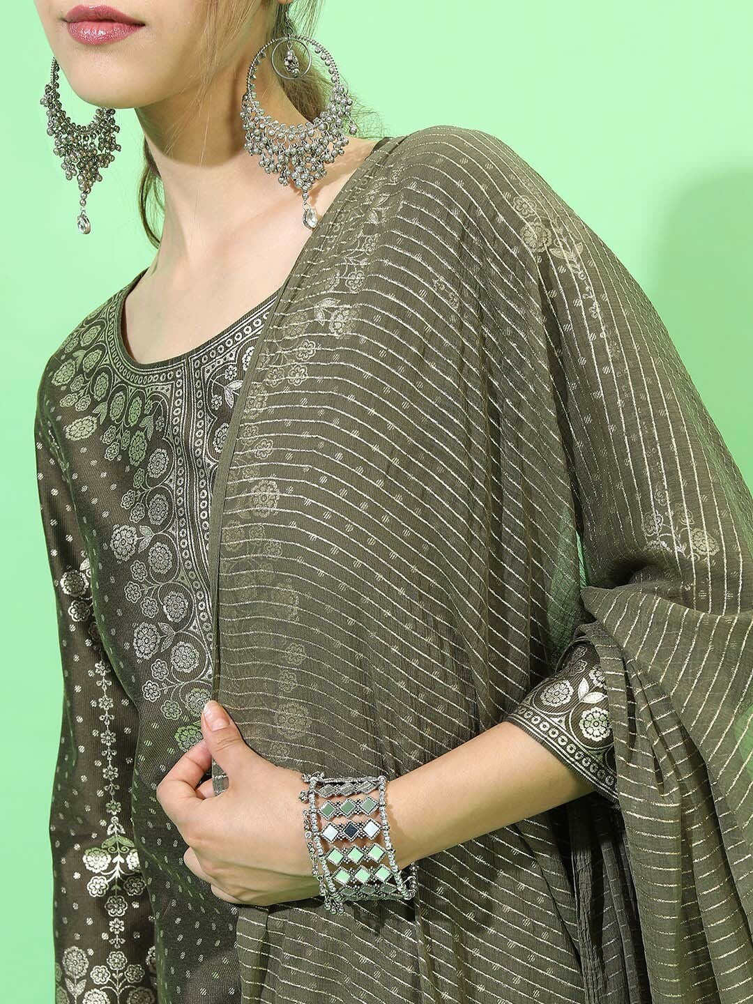 Olive Green Floral Printed Kurta Set with Trousers & Dupatta for Women | Indiaista