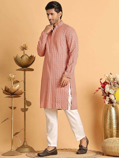 Buy Men’s Embroidered Chikankari Kurta Set – Peach Kurta with Pyjamas | Indiaista