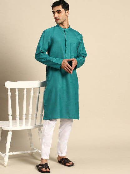 Men's Pure Cotton Kurta with Pyjamas Set - Teal Solid, Mandarin Collar, Regular Fit | Indiaista.com