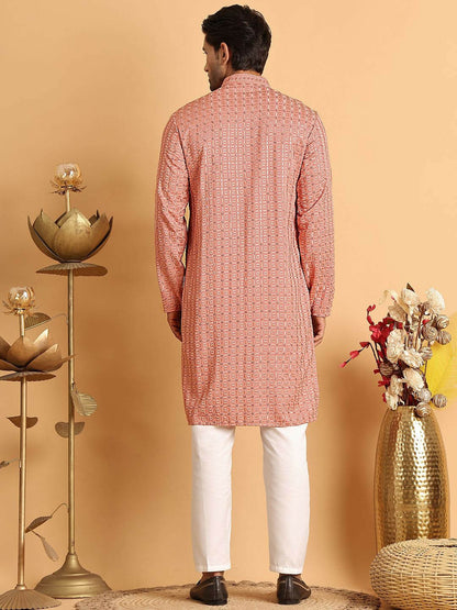 Buy Men’s Embroidered Chikankari Kurta Set – Peach Kurta with Pyjamas | Indiaista